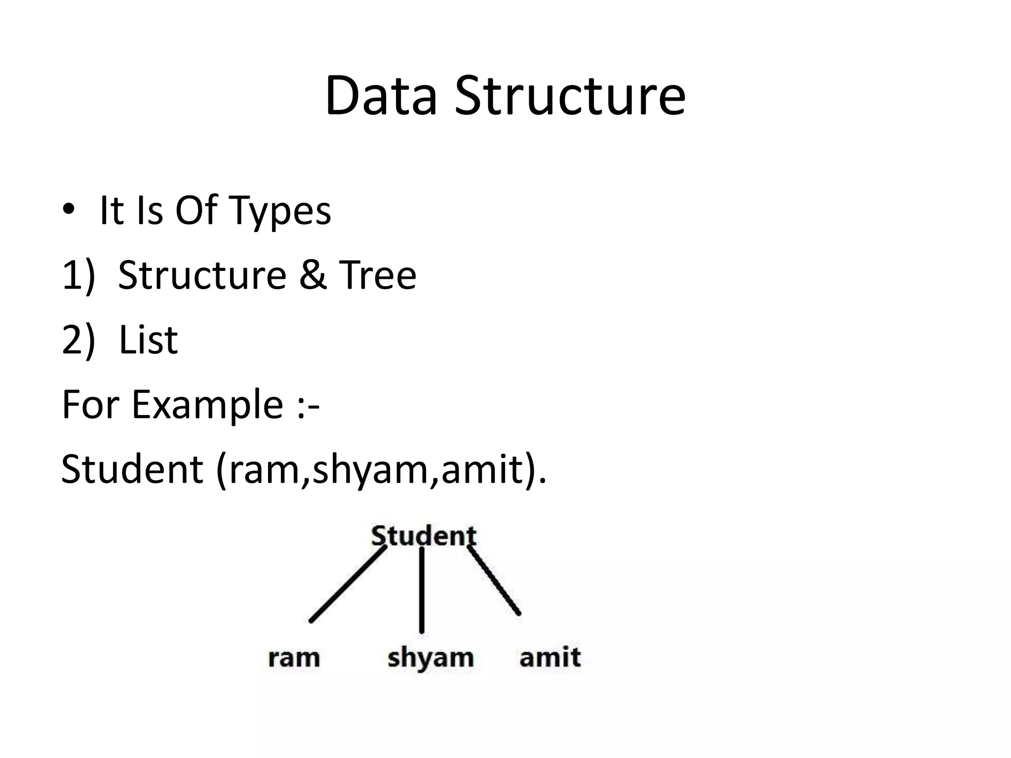 Data Structure
• It Is Of Types
1) Structure & Tree
2) List
For Example :-
Student (ram,shyam,amit).
 