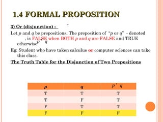 3) Or (disjunction) :
Let p and q be prepositions. The preposition of “p or q” - denoted
, is FALSE when BOTH p and q are FALSE and TRUE
otherwise.
Eg: Student who have taken calculus or computer sciences can take
this class.
The Truth Table for the Disjunction of Two Prepositions
p q
T T T
T F T
F T T
F F F

p q

p q

1.4 FORMAL PROPOSITION
1.4 FORMAL PROPOSITION
 