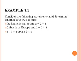 EXAMPLE 1.1
EXAMPLE 1.1
Consider the following statements, and determine
whether it is true or false.
1)Ice floats in water and 2 + 2 = 4
2)China is in Europe and 2 + 2 = 4
3)5 – 3 = 1 or 2 x 2 = 4
 