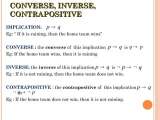 IMPLICATION:
Eg: “ If it is raining, then the home team wins”
CONVERSE : the converse of this implication is
Eg: If the home team wins, then it is raining
INVERSE: the inverse of this implication is
Eg : If it is not raining, then the home team does not win.
CONTRAPOSITIVE : the contrapositive of this implication
is
Eg : If the home team does not win, then it is not raining.
CONVERSE, INVERSE,
CONVERSE, INVERSE,
CONTRAPOSITIVE
CONTRAPOSITIVE
p q

q p

p q

q p
  
p q
 p q
  
p q

 