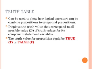 TRUTH TABLE
 Can be used to show how logical operators can be
combine propositions to compound propositions.
 Displays the truth value that correspond to all
possible value (2n
) of truth values for its
component statement variables.
 The truth value for proposition could be TRUE
(T) or FALSE (F)
 
