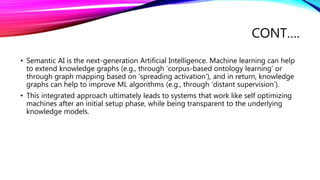 CONT….
• Semantic AI is the next-generation Artificial Intelligence. Machine learning can help
to extend knowledge graphs (e.g., through ‘corpus-based ontology learning’ or
through graph mapping based on ‘spreading activation’), and in return, knowledge
graphs can help to improve ML algorithms (e.g., through ‘distant supervision’).
• This integrated approach ultimately leads to systems that work like self optimizing
machines after an initial setup phase, while being transparent to the underlying
knowledge models.
 