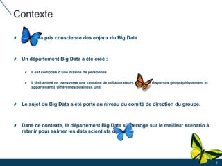 Contexte
Orange a pris conscience des enjeux du Big Data
Un département Big Data a été créé :
Il est composé d’une dizaine de personnes
Il doit animé en transverse une centaine de collaborateurs d’Orange dispersés géographiquement et
appartenant à différentes business unit
Le sujet du Big Data a été porté au niveau du comité de direction du groupe.
Dans ce contexte, le département Big Data s’interroge sur le meilleur scenario à
retenir pour animer les data scientists d’Orange
5
 