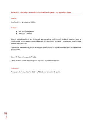 Activité 11 : Optimiser la stabilité d’un équilibre instable, Les bouteilles d’eau.
Objectif :
Appréhender les facteurs de la stabilité.

Matériel :



des bouteilles de Badoit
de la pâte à modeler

Disposer quatre bouteilles devant soi. Remplir la première à ras bord, remplir le fond de la deuxième, laisser la
troisième vide, et mettre de la pâte à modeler sur le bouchon de la quatrième. Demander aux enfants quelle
bouteille est la plus stable.
Pour vérifier, prendre une brochette, et pousser simultanément les quatre bouteilles. Noter l’ordre de chute
des bouteilles.

L’ordre de chute est le suivant : 4, 1/3, 2
C’est la bouteille qui a le centre de gravité le plus bas qui tombe en dernière.

Conclusion :

Page

15

Pour augmenter la stabilité d’un objet, il suffit de baisser son centre de gravité.

 