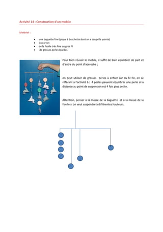 Activité 14 : Construction d’un mobile
Matériel :





une baguette fine (pique à brochette dont on a coupé la pointe)
du carton
de la ficelle très fine ou gros fil
de grosses perles lourdes

Pour bien réussir le mobile, il suffit de bien équilibrer de part et
d’autre du point d’accroche ;

on peut utiliser de grosses perles à enfiler sur du fil fin, en se
référant à l’activité 6 : 4 perles peuvent équilibrer une perle si la
distance au point de suspension est 4 fois plus petite.

Attention, penser à la masse de la baguette et à la masse de la
ficelle si on veut suspendre à différentes hauteurs.

 