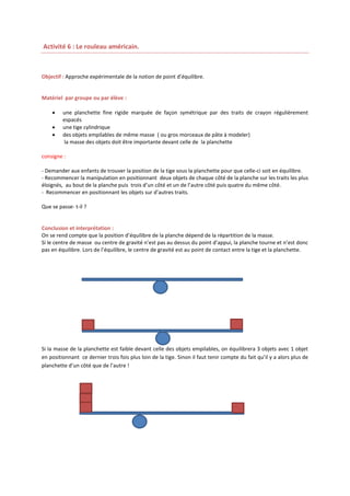 Activité 6 : Le rouleau américain.

Objectif : Approche expérimentale de la notion de point d’équilibre.

Matériel par groupe ou par élève :




une planchette fine rigide marquée de façon symétrique par des traits de crayon régulièrement
espacés
une tige cylindrique
des objets empilables de même masse ( ou gros morceaux de pâte à modeler)
la masse des objets doit être importante devant celle de la planchette

consigne :
- Demander aux enfants de trouver la position de la tige sous la planchette pour que celle-ci soit en équilibre.
- Recommencer la manipulation en positionnant deux objets de chaque côté de la planche sur les traits les plus
éloignés, au bout de la planche puis trois d’un côté et un de l’autre côté puis quatre du même côté.
- Recommencer en positionnant les objets sur d’autres traits.
Que se passe- t-il ?

Conclusion et interprétation :
On se rend compte que la position d’équilibre de la planche dépend de la répartition de la masse.
Si le centre de masse ou centre de gravité n’est pas au dessus du point d’appui, la planche tourne et n’est donc
pas en équilibre. Lors de l’équilibre, le centre de gravité est au point de contact entre la tige et la planchette.

Si la masse de la planchette est faible devant celle des objets empilables, on équilibrera 3 objets avec 1 objet
en positionnant ce dernier trois fois plus loin de la tige. Sinon il faut tenir compte du fait qu’il y a alors plus de
planchette d’un côté que de l’autre !

 