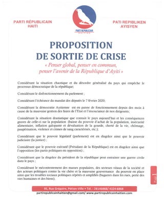 Proposition de sortie de crise du Parti Républicain Haitien