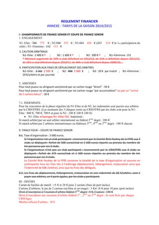 REGLEMENT FINANCIER
ANNEXE : TARIFS DE LA SAISON 2014/2015
I - CHAMPIONNATS DE FRANCE SENIOR ET COUPE DE FRANCE SENIOR
1. ENGAGEMENT
N1–Elite : 768 775 € ; N2:548 553 € ; N3:434
club) ; N1–Féminine : 112 113 €

438 € (217

219 € la 1ère participation du

3. CAUTION ARBITRAGE
N1–Elite : 2 400 € * ;
N2 : 1 600 € *
;
N3 : 300 € * ; N1–Féminine : 0 €
* Montant augmenté de 10% si club défaillant en 2012/13, de 21% si défaillant depuis 2011/12,
de 33% si club défaillant depuis 2010/11, de 46% si club défaillant depuis 2009/10,…
4. PARTICIPATION AUX FRAIS DE DÉPLACEMENT DES ARBITRES
N1–Elite : 2 162 2 500 € ; N2 : 998 1 000 €
; N3 : 20 € par match ; N1–Féminine :
20 €/arbitre et par journée
5. AMENDES
Pour tout joueur ou dirigeant sanctionné par un carton rouge “direct” : 50 €
Pour tout joueur ou dirigeant sanctionné par un carton rouge “par accumulation” ou par un “cumul
de 5 cartons bleus” : 30 €
7.1. INDEMNITE.
Pour les rencontres de la phase régulière de N1-Elite et de N2, les indemnités sont payées aux arbitres
par le CRH/FFRS. (Les montants des 3 chèques remis au CRH/FFRS par les clubs sont pour la N1Elite : 800 €, 700 €, 700 € et pour la N2 : 240 € 240 € 240 €)
 N1–Elite et barrages N1–Elite /N2. Indemnité :
Si match arbitré par un seul arbitre international ou fédéral 5ème degré : 200 €
Si match arbitré par 2 arbitres internationaux ou fédéraux 5ème, 4ème ou 3ème degré : 100 € chacun
9. FINALE FOUR – COUPE DE FRANCE SENIOR
9.1. Taxe d’organisation : 3 000 euros.
Si l’organisateur est un club participant : reversement par le Comité Rink Hockey de la FFRS aux 3
clubs se déplaçant : forfait de 500 euros/club et 1 500 euros répartis au prorata du nombre de
km parcourus par ces 3 clubs.
Si l’organisateur n’est pas un club participant : reversement par le CRH/FFRS aux 4 clubs se
déplaçant : forfait de 375 euros/club et 1 500 euros répartis au prorata du nombre de km
parcourus par ces 4 clubs.
Le Comité Rink Hockey de la FFRS conserve la totalité de la taxe d’organisation et assume en
contrepartie tous les frais liés à l’arbitrage (déplacement, hébergement, restauration ainsi que
l’indemnité de 60€ /arbitre), ainsi que les frais des délégués.
9.2. Les frais de déplacement, hébergement, restauration et une indemnité de 60 €/arbitre, sont à
payer aux arbitres, en 4 parts égales, par les clubs y participant.
III - DIVERS
Carnet de feuilles de match : 15 € et 28 € pour 2 carnets (frais de port inclus).
Cartons d’arbitres, le jeu de 2 cartons (un bleu et un rouge) : 3 €et 18 € pour 10 jeux (port inclus).
Droit d’inscription à l’examen d’arbitre fédéral 3ème degré : 0 €. Caution : 100 €
Droit d’inscription aux examens d’arbitre fédéral 1er , 2ème ou 3ème degré : ils sont fixés par chaque
CRH/ligue
Maillot officiel d’arbitre : 30 €

 