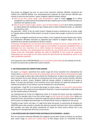 Tout joueur ou dirigeant qui sera, au cours d’une rencontre nationale officielle, sanctionné par
l’arbitre d’un CARTON ROUGE, sera automatiquement suspendu de toute fonction officielle (peu
importe la nature de cette fonction : joueur, dirigeant, table de marque, arbitre)
a) dans le cas d’un carton rouge « par accumulation », pour le match suivant de la même
compétition ou même division de championnat (peu importe que le match initialement prévu au
calendrier soit reporté ou non)
b) dans le cas d’un carton rouge « direct », pour les deux matchs suivants de la même compétition
ou même division de championnat (peu importe que le match initialement prévu au calendrier
soit reporté ou non)
Cas particulier : forfait. Si lors du match suivant, l’équipe du joueur sanctionné par un carton rouge
ou l’équipe adverse déclare forfait (match non joué), le joueur devra purger sa peine lors du match
suivant.
Si le joueur ou dirigeant sanctionné est aussi arbitre, il sera suspendu de toute fonction pour toutes
les compétitions officielles nationales ou régionales (peu importe la catégorie d’âge), et ce, dès le
lendemain de sa sanction et pendant les 10 jours suivants.
Tout joueur ou dirigeant qui, au cours de la saison sportive, cumulera 5, 10, etc. cartons BLEUS (les 3
cartons bleus ayant engendré un carton rouge par accumulation ne sont pas comptabilisés dans ce
décompte) lors des rencontres de la même division de championnat senior ou de la même
compétition nationale, sera automatiquement pénalisé par une amende dont le montant est fixé
chaque année par l’Assemblée Générale des clubs du CRH/FFRS et d’un match de suspension
automatique qui sera purgé lors du match suivant de cette division de championnat senior ou de
cette compétition nationale.
Une suspension suite à CARTON ROUGE ou à un cumul de 5 cartons bleus et non achevée à la fin de
la saison sera poursuivie au début de la saison suivante.
2. CAS PARTICULIERS DES COMPETITIONS SENIORS
Un joueur ou dirigeant sanctionné d’un carton rouge lors d’une rencontre d’un championnat de
France senior ou pénalisé d’un cumul de 5 cartons bleus dans la même division de championnat, tant
qu’il n’a pas purgé sa peine dans cette division de championnat, ne pourra pas participer à aucune
autre rencontre d’une autre division du championnat de France senior (aucune fonction officielle,
peu importe sa nature : joueur, dirigeant, table de marque, arbitre). Le week-end où il purge sa
peine, il ne peut pas participer à une rencontre d’une autre division (Le week-end comprenant les
matches du samedi et, le cas échéant, ceux du vendredi soir et du dimanche).
Cas particulier : finale N3. Si un licencié doit purger un carton rouge ou un cumul de 5 cartons bleus
en N1-Elite ou en N2 le week-end où se déroule la finale N3, il ne pourra participer à cette finale que
lors des matches prévus le dimanche.
Les championnats de France (ou Régionaux) senior et la Coupe de France sont des compétitions
distinctes. Par exemple, dans le cas d’un carton rouge ou d’un cumul de 5 cartons bleus obtenu en
Coupe de France, cela entraîne un match de suspension pour le match suivant de la Coupe de France,
mais le joueur ou dirigeant peut participer au championnat de France ou régional (et vice-versa).
Toutefois et pour éviter tout abus, s’il s’agit d’une faute très grave, la commission de discipline du
CRH/FFRS pourra être amenée à prendre des décisions pouvant intervenir dans l’autre compétition
(par exemple, une faute très grave sanctionnée en Coupe de France pourra donner lieu à une
suspension en championnats de France, et vice-versa).
3. CAS PARTICULIERS DES COMPETITIONS NATIONALES EN CATEGORIES « JEUNES »
Pour les rencontres nationales officielles des catégories jeunes (demi-finales et finales), les sanctions
pour carton rouge ou cumul de 5 cartons bleus se font chaque saison sur l’ensemble de deux

 