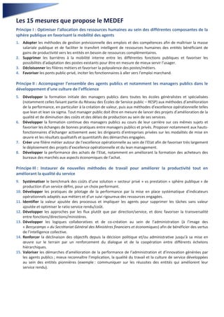 Les 15 mesures que propose le MEDEF
Principe I : Optimiser l’allocation des ressources humaines au sein des différentes composantes de la
sphère publique en favorisant la mobilité des agents
1. Adopter les méthodes de gestion prévisionnelle des emplois et des compétences afin de maîtriser la masse
salariale publique et de faciliter le transfert intelligent de ressources humaines des entités bénéficiant de
gains de productivité vers les entités en besoin de ressources complémentaires.
2. Supprimer les barrières à la mobilité interne entre les différentes fonctions publiques et favoriser les
possibilités d’adaptation des postes existants pour être en mesure de mieux servir l’usager.
3. Décloisonner les filières métiers et favoriser la polyvalence des postes/métiers.
4. Favoriser les ponts public-privé, inciter les fonctionnaires à aller vers l’emploi marchand.
Principe II : Accompagner l’ensemble des agents publics et notamment les managers publics dans le
développement d’une culture de l’efficience
5. Développer la formation initiale des managers publics dans toutes les écoles généralistes et spécialisées
(notamment celles faisant partie du Réseau des Écoles de Service public – RESP) aux méthodes d’amélioration
de la performance, en particulier à la création de valeur, puis aux méthodes d’excellence opérationnelle telles
que lean et lean six sigma. Tout manager public doit être en mesure de lancer des projets d’amélioration de la
qualité et de diminution des coûts et des délais de production au sein de ses services.
6. Développer la formation continue des managers publics au cours de leur carrière sur ces mêmes sujets et
favoriser les échanges de bonnes pratiques entre managers publics et privés. Proposer notamment aux hauts-
fonctionnaires d’échanger activement avec les dirigeants d’entreprises privées sur les modalités de mise en
œuvre et les résultats qualitatifs et quantitatifs des démarches engagées.
7. Créer une filière métier autour de l’excellence opérationnelle au sein de l’Etat afin de favoriser très largement
le déploiement des projets d’excellence opérationnelle et du lean management.
8. Développer la performance des achats de l’Etat, notamment en améliorant la formation des acheteurs des
bureaux des marchés aux aspects économiques de l’achat.
Principe III : Instaurer de nouvelles méthodes de travail pour améliorer la productivité tout en
améliorant la qualité du service
9. Systématiser le benchmark des coûts d’une solution « secteur privé » vs prestation « sphère publique » de
production d’un service défini, pour un choix performant.
10. Développer les pratiques de pilotage de la performance par la mise en place systématique d’indicateurs
opérationnels adaptés aux métiers et d’un suivi rigoureux des ressources engagées.
11. Identifier la valeur ajoutée des processus et impliquer les agents pour supprimer les tâches sans valeur
ajoutée et optimiser le ratio service rendu/coût.
12. Développer les approches par les flux plutôt que par direction/service, et donc favoriser la transversalité
entre fonctions/directions/ministères.
13. Développer les logiques collaboratives et de co-création au sein de l’administration (à l’image des
« Bercycamps » du Secrétariat Général des Ministères financiers et économiques) afin de bénéficier des vertus
de l’intelligence collective.
14. Renforcer la déclinaison des objectifs depuis la décision politique et/ou administrative jusqu’à sa mise en
œuvre sur le terrain par un renforcement du dialogue et de la coopération entre différents échelons
hiérarchiques.
15. Valoriser les démarches d’amélioration de la performance de l’administration et d’innovation générées par
les agents publics ; mieux reconnaître l’implication, la qualité du travail et la culture de service développées
au sein des entités pionnières (exemple : communiquer sur les réussites des entités qui améliorent leur
service rendu).
 