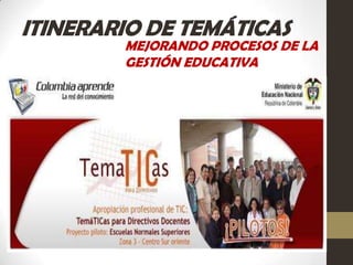 ITINERARIO DE TEMÁTICAS
        MEJORANDO PROCESOS DE LA
        GESTIÓN EDUCATIVA
 
