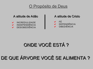  FÉ
 DEPENDÊNCIA
 OBEDIÊNCIA
A atitude de CristoA atitude de Cristo
 INCREDULIDADE
 INDEPENDÊNCIA
 DESOBEDIÊNCIA
A atitude de AdãoA atitude de Adão
O Propósito de Deus
ONDE VOCÊ ESTÁ ?ONDE VOCÊ ESTÁ ?
DE QUE ÁRVORE VOCÊ SE ALIMENTA ?DE QUE ÁRVORE VOCÊ SE ALIMENTA ?
 