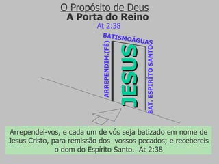 A Porta do Reino JESUS ARREPENDIM.(FÉ) BATISMOÁGUAS BAT. ESPIRÍTO SANTO At 2:38 O Propósito de Deus Arrependei-vos, e cada um de vós seja batizado em nome de Jesus Cristo, para remissão dos  vossos pecados; e recebereis o dom do Espírito Santo.  At 2:38 