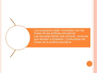 Los propósitos están vinculados con las
líneas de las políticas educativas
Las escuelas tienen que priorizar acciones
que tiendan a fortalecer y profundizar las
líneas de la política educativa.
 