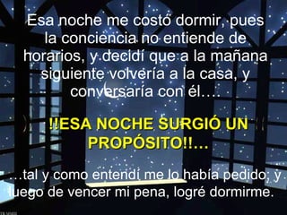 Esa noche me costó dormir, pues la conciencia no entiende de horarios, y decidí que a la mañana siguiente volvería a la casa, y conversaría con él…. … tal y como entendí me lo había pedido; y luego de vencer mi pena, logré dormirme. !!ESA NOCHE SURGIÓ UN PROPÓSITO!!… 