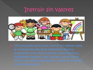  Otro propósito seria el de instruir sin valores ósea
el rol de la escuela seria solamente técnico;
enseñarles a los chicos ciertos conocimientos y
habilidades básicas, leer, escribir, sumar, restar,
dividir. Los valores quedarían a cargo de la familia
y no de la escuela.
 