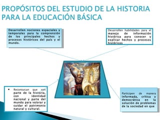 Desarrollen nociones espaciales y   Desarrollen habilidades para el
temporales para la comprensión      manejo      de     información
de  los   principales  hechos   y   histórica para conocer y
procesos históricos del país y el   explicar hechos y procesos
mundo.                              históricos




   Reconozcan que son
    parte de la historia,                    Participen de   manera
    con         identidad                    informada, crítica y
    nacional y parte del                     democrática    en   la
    mundo para valorar y                     solución de problemas
    cuidar el patrimonio                     de la sociedad en que
    natural y cultural.
 