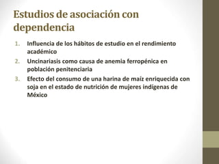 Estudios de asociación con
dependencia
1. Influencia de los hábitos de estudio en el rendimiento
académico
2. Uncinariasis como causa de anemia ferropénica en
población penitenciaria
3. Efecto del consumo de una harina de maíz enriquecida con
soja en el estado de nutrición de mujeres indígenas de
México
 