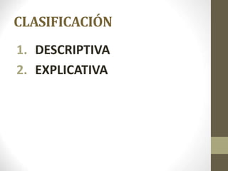 CLASIFICACIÓN
1. DESCRIPTIVA
2. EXPLICATIVA
 