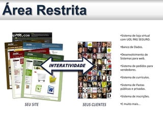 •Sistema de loja virtual
com UOL PAG SEGURO.
•Banco de Dados.
•Desenvolvimento de
Sistemas para web.
•Sistema de pedidos para
vendedores.
•Sistema de currículos.
•Sistema de Pastas
públicas e privadas.
•Sistema de inscrições.
•E muito mais...
 