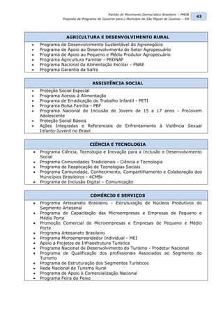 Partido do Movimento Democrático Brasileiro – PMDB
                                                                                                43
               Proposta de Programa de Governo para o Município de São Miguel do Gostoso – RN




                 AGRICULTURA E DESENVOLVIMENTO RURAL
   Programa   de Desenvolvimento Sustentável do Agronegócio
   Programa   de Apoio ao Desenvolvimento do Setor Agropecuário
   Programa   de Apoio ao Pequeno e Médio Produtor Agropecuário
   Programa   Agricultura Familiar - PRONAF
   Programa   Nacional da Alimentação Escolar - PNAE
   Programa   Garantia da Safra


                                 ASSISTÊNCIA SOCIAL
   Proteção Social Especial
   Programa Acesso à Alimentação
   Programa de Erradicação do Trabalho Infantil - PETI
   Programa Bolsa Família - PBF
   Programa Nacional de Inclusão de Jovens de 15 a 17 anos - ProJovem
    Adolescente
   Proteção Social Básica
   Ações Integradas e Referenciais de Enfrentamento à Violência Sexual
    Infanto-Juvenil no Brasil


                               CIÊNCIA E TECNOLOGIA
   Programa Ciência, Tecnologia e Inovação para a Inclusão e Desenvolvimento
    Social
   Programa Comunidades Tradicionais - Ciência e Tecnologia
   Programa de Reaplicação de Tecnologias Sociais
   Programa Comunidade, Conhecimento, Compartilhamento e Colaboração dos
    Municípios Brasileiros - 4CMBr
   Programa de Inclusão Digital – Comunicação


                                COMÉRCIO E SERVIÇOS
   Programa Artesanato Brasileiro - Estruturação de Núcleos Produtivos do
    Segmento Artesanal
   Programa de Capacitação das Microempresas e Empresas de Pequeno e
    Médio Porte
   Promoção Comercial de Microempresas e Empresas de Pequeno e Médio
    Porte
   Programa Artesanato Brasileiro
   Programa Microempreendedor Individual - MEI
   Apoio a Projetos de Infraestrutura Turística
   Programa Nacional de Desenvolvimento do Turismo - Prodetur Nacional
   Programa de Qualificação dos profissionais Associados ao Segmento do
    Turismo
   Programa de Estruturação dos Segmentos Turísticos
   Rede Nacional de Turismo Rural
   Programa de Apoio à Comercialização Nacional
   Programa Feira do Peixe
 
