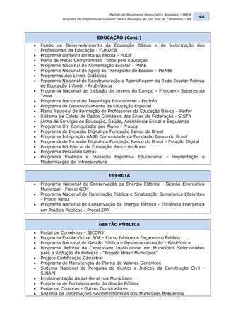 Partido do Movimento Democrático Brasileiro – PMDB
                                                                                               44
              Proposta de Programa de Governo para o Município de São José do Campestre – RN




                                  EDUCAÇÃO (Cont.)
   Fundo de Desenvolvimento da Educação Básica e de Valorização dos
    Profissionais da Educação - FUNDEB
   Programa Dinheiro Direto na Escola - PDDE
   Plano de Metas Compromisso Todos pela Educação
   Programa Nacional de Alimentação Escolar - PNAE
   Programa Nacional de Apoio ao Transporte do Escolar - PNATE
   Programas dos Livros Didáticos
   Programa Nacional de Reestruturação e Aparelhagem da Rede Escolar Pública
    de Educação Infantil - ProInfância
   Programa Nacional de Inclusão de Jovens do Campo - Projovem Saberes da
    Terra
   Programa Nacional de Tecnologia Educacional - ProInfo
   Programa de Desenvolvimento da Educação Especial
   Plano Nacional de Formação de Professores da Educação Básica - Parfor
   Sistema de Coleta de Dados Contábeis dos Entes da Federação - SISTN
   Linha de Serviços de Educação, Saúde, Assistência Social e Segurança
   Programa Um Computador por Aluno - Prouca
   Programa de Inclusão Digital da Fundação Banco do Brasil
   Programa Integração AABB Comunidade da Fundação Banco do Brasil
   Programa de Inclusão Digital da Fundação Banco do Brasil - Estação Digital
   Programa BB Educar da Fundação Banco do Brasil
   Programa Pescando Letras
   Programa Vivência e Iniciação Esportiva Educacional - Implantação e
    Modernização de Infraestrutura


                                         ENERGIA
   Programa Nacional de Conservação da Energia Elétrica - Gestão Energética
    Municipal - Procel GEM
   Programa Nacional de Iluminação Pública e Sinalização Semafórica Eficientes
    - Procel Reluz
   Programa Nacional de Conservação da Energia Elétrica - Eficiência Energética
    em Prédios Públicos - Procel EPP


                                   GESTÃO PÚBLICA
   Portal de Convênios - SICONV
   Programa Escola Virtual SOF - Curso Básico de Orçamento Público
   Programa Nacional de Gestão Pública e Desburocratização - GesPública
   Programa Reforço da Capacidade Institucional em Municípios Selecionados
    para a Redução da Pobreza - "Projeto Brasil Municípios"
   Projeto Certificação Cadastral
   Programa de Manutenção da Planta de Valores Genéricos
   Sistema Nacional de Pesquisa de Custos e Índices da Construção Civil -
    SINAPI
   Implementação da Lei Geral nos Municípios
   Programa de Fortalecimento da Gestão Pública
   Portal de Compras - Outros Compradores
   Sistema de Informações Socioeconômicas dos Municípios Brasileiros
 