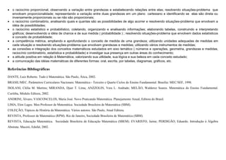 • o raciocínio proporcional, observando a variação entre grandezas e estabelecendo relações entre elas; resolvendo situações-problema que
envolvam proporcionalidade; representando a variação entre duas grandezas em um plano cartesiano e identificando se elas são direta ou
inversamente proporcionais ou se não são proporcionais;
• o raciocínio combinatório, analisando quais e quantas são as possibilidades de algo acorrer e resolvendo situações-problema que envolvam a
idéia de possibilidades;
• o raciocínio estatístico e probabilístico, coletando, organizando e analisando informações; elaborando tabelas, construindo e interpretando
gráficos; desenvolvendo a idéia de chance e de sua medida ( probabilidade ) ; resolvendo situações-problema que envolvem dados estatísticos
e conceito de probabilidade;
• a competência métrica, ampliando e aprofundando o conceito de medida de uma grandeza; utilizando unidades adequadas de medidas em
cada situação e resolvendo situações-problema que envolvam grandezas e medidas; utilizando vários instrumentos de medidas;
• as conexões e integração dos conceitos matemáticos estudados em eixo temático ( números e operações, geometria, grandezas e medidas,
raciocínio combinatório, estatística e probabilidade) e investigar sua presença em outras áreas do conhecimento;
• a atitude positiva em relação à Matemática, valorizando sua utilidade, sua lógica e sua beleza em cada conceito estudado;
• a comunicação das idéias matemáticas de diferentes formas: oral, escrita, por tabelas, diagramas, gráficos, etc.
Referências Bibliográficas:
DANTE, Luiz Roberto. Tudo é Matemática. São Paulo, Ática, 2002.
BRASIL/MEC. Parâmetros Curriculares Nacionais: Matemática - Terceiro e Quarto Ciclos do Ensino Fundamental. Brasília: MEC/SEF, 1998.
ISOLANI, Clélia M. Martins; MIRANDA, Djair T. Lima; ANZZOLIN, Vera L. Andrade; MELÃO, Walderez Soares. Matemática do Ensino Fundamental.
Curitiba, Módulo Editora, 2002.
ANDRINI, Álvaro; VASCONCELOS, Maria José. Novo Praticando Matemática. Planejamento Anual, Editora do Brasil.
LIMA, Elon Lages. Meu Professor de Matemática. Sociedade Brasileira de Matemática (SBM).
COLEÇÃO, Tópicos de História da Matemática. Vários autores. São Paulo, Atual Editora.
REVISTA, Professor de Matemática (RPM). Rio de Janeiro, Sociedade Brasileira de Matemática (SBM).
REVISTA, Educação Matemática. Sociedade Brasileira de Educação Matemática (SBEM). EVARISTO, Jaime; PERDIGÃO, Eduardo. Introdução à Álgebra
Abstrata. Maceió, Edufal, 2002.
 