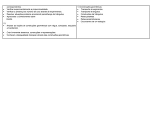 correspondentes.
• Verificar experimentalmente a proporcionalidade.
• Verificar a presença do número de ouro através de experimentos.
• Resolver situações-problema envolvendo semelhança de triângulos.
• Aprofundar o conhecimento sobre
escala.
13.
• Ampliar as noções de construções geométricas com régua, compasso, esquadro
e transferidor.
• Criar livremente desenhos, construções e representações.
• Conhecer a desigualdade triangular através das construções geométricas.
13.Construções geométricas.
• Transporte de segmentos.
• Transporte de ângulos.
• Construções de triângulos.
• Retas paralelas.
• Retas perpendiculares.
• Circuncentro de um triângulo.
 