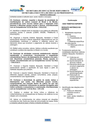 SECRETARIA DE EDUCAÇÃO DE PERNAMBUCO 
SECRETARIA EXECUTIVA DE EDUCAÇÃO PROFISSIONAL 
PROPOSTA CURRICULAR 
contextos sociais e culturais (lazer, saúde, trabalho e educação). 
C3. Conhecer, valorizar, respeitar e disputar da pluralidade de 
manifestações de cultura corporal do Brasil e do Mundo, 
percebendo-as como recurso valioso para a integração entre 
pessoas e diferentes grupos sociais e étnicos. (Correlacionada 
com as Competências 3,4,5,6 da Área – CA3,4,5,6) 
H1. Identificar a relação entre os esportes e sua prática em diferentes 
contextos sociais e culturais (LAZER, SAÚDE, TRABALHO E 
EDUCAÇÃO). 
H2. Organizar o Esporte Voleibol, Basquete, Handebol e Futsal 
aprofundando técnicas e táticas especificas relacionando-as com as 
possibilidades individuais e coletivas e refletindo acerca dos 
elementos éticos que envolvem o julgamento de valores durante a 
arbitragem. 
H3. Refletir sobre conceitos, valores, hábitos e atitudes saudáveis que 
constituem a prática dos esportes no Brasil e no mundo. 
C4. Participar de atividades corporais estabelecendo relações 
equilibradas e construtivas, reconhecendo e respeitando 
características físicas e de desempenho de si próprio e do outro, 
sem discriminar características pessoais, físicas, sexuais ou 
sociais. (Correlacionada com as Competências 3,4,5,6,7 da Área 
– CA3,4,5,6,7) 
H1. Vivenciar o Esporte Voleibol, Basquete, Handebol e Futsal 
aprofundando sentido e significado de suas regras a partir da 
realidade daqueles que praticam. 
H2. Vivenciar o esporte Voleibol, Basquete, Handebol e Futsal em 
diferentes espaços (escola, campos comunitários, praia, praças), 
compreendendo suas regularidades. 
C5. Conhecer a diversidade de padrão de saúde, beleza e 
desempenho que existe, nos diferentes grupos sociais, 
compreendendo sua inserção dentro da cultura em que são 
produzidos, analisando criticamente os padrões divulgados pela 
mídia e evitando o consumismo e o preconceito. (Correlacionada 
com as Competências 1,3,9 da Área – CA1,3,9) 
H1. Explicar e analisar de forma crítica a influência da 
mídia/marketing e as consequências do Doping e da violência na sua 
relação com a sociedade. 
H2. Aplicar os conhecimentos da cultura corporal em situações 
concretas de vida, frente aos meios de comunicação de massa, frente 
a indústria cultural do lazer e frente a indústria da beleza. 
Continuação 
EIXO TEMÁTICO ESPORTE 
RESGATE HISTÓRICO DO 
ESPORTE 
1. Modalidades esportivas 
coletivas. 
1.1 Histórico. 
1.2. Possibilidades de 
ação. 
1.3 Materiais específicos 
de cada esporte. 
1.4 Diferenças entre os 
objetos. 
2. Fundamentos gestuais das 
modalidades esportivas coletivas: 
Voleibol, Basquete, Handebol e 
Futsal. 
2.1 Vivências em 
diferentes espaços. 
2.2 Aprofundamento de 
técnicas e táticas. 
2.3 Elementos éticos que 
envolvem julgamento 
e valores na 
arbitragem. 
2.4 Aprofundamento do 
sentido/significado. 
2.5 Elaboração de 
eventos esportivos – 
socialização de 
experiências. 
3. Identificação das relações entre 
os esportes. 
3.1 Prática em diferentes 
contextos sociais e 
culturais. 
3.2 Lazer, saúde, trabalho e 
Educação. 
1 
 