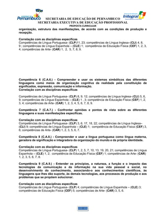 SECRETARIA DE EDUCAÇÃO DE PERNAMBUCO 
SECRETARIA EXECUTIVA DE EDUCAÇÃO PROFISSIONAL 
PROPOSTA CURRICULAR 
organização, estrutura das manifestações, de acordo com as condições de produção e 
recepção. 
Correlação com as disciplinas específicas 
Competências de Língua Portuguesa- (CLP)11, 23; competências de Língua Inglesa–(CLI) 4, 8, 
9 ; competências de Língua Espanhola – (CLE) 1; competência de Educação Física (CEF) 1, 2, 3, 
4; competências de Arte- (CAR) 1, 2, 5, 7, 8, 9. 
Competência 6 (C.A.6.) - Compreender e usar os sistemas simbólicos das diferentes 
linguagens como meios de organização cognitiva da realidade pela constituição de 
significados, expressão, comunicação e informação. 
Correlação com as disciplinas específicas 
Competências de Língua Portuguesa- (CLP) 8, 9, 12; competências de Língua Inglesa–(CLI) 5, 6, 
9; competências de Língua Espanhola – (CLE) 1 , 3; competência de Educação Física (CEF) 1, 2, 
3, 4; competências de Arte- (CAR) 1, 2, 3, 4, 5, 6, 7, 8, 9. 
Competência 7 (C.A.7.) - Confrontar opiniões e pontos de vista sobre as diferentes 
linguagens e suas manifestações específicas. 
Correlação com as disciplinas específicas 
Competências de Língua Portuguesa- (CLP) 3, 6, 17, 18, 22; competências de Língua Inglesa– 
(CLI) 9; competências de Língua Espanhola – (CLE) 1; competência de Educação Física (CEF) 3, 
6; competências de Arte- (CAR) 1, 2, 3, 5, 6, 7. 
Competência 8 (C.A.8.) - Compreender e usar a língua portuguesa como língua materna, 
geradora de significação e integradora da organização do mundo e da própria identidade. 
Correlação com as disciplinas específicas 
Competências de Língua Portuguesa- (CLP) 1, 2, 5, 7, 10, 13, 19, 20, 21; competências de Língua 
Espanhola – (CLE) 1, 2; competência de Educação Física (CEF) 1; competências de Arte- (CAR) 
1, 2, 3, 5, 6, 7, 8. 
Competência 9 (C.A.9.) - Entender os princípios, a natureza, a função e o impacto das 
tecnologias da comunicação e da informação na sua vida pessoal e social, no 
desenvolvimento do conhecimento, associando-o aos conhecimentos científicos, às 
linguagens que lhes dão suporte, às demais tecnologias, aos processos de produção e aos 
problemas que se propõem solucionar. 
Correlação com as disciplinas específicas 
Competências de Língua Portuguesa- (CLP) 4; competências de Língua Espanhola – (CLE) 3; 
competências de Educação Física (CEF) 5; competências de Arte- (CAR) 3, 5, 6. 
1 
 