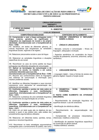 SECRETARIA DE EDUCAÇÃO DE PERNAMBUCO 
SECRETARIA EXECUTIVA DE EDUCAÇÃO PROFISSIONAL 
PROPOSTA CURRICULAR 
LÍNGUA PORTUGUESA 
UNIDADE II 
(MAIO, JUNHO e JULHO) 
2ª SÉRIE DO ENSINO 
MÉDIO II – BIMESTRE ANO 2010 
4 AULAS SEMANAIS 
COMPETÊNCIA/HABILIDADE CONTEÚDO/ DETALHAMENTO 
C2. Compreender e usar a língua portuguesa como 
língua materna, geradora de significação e 
integradora da organização do mundo e da própria 
identidade. (Correlacionada com a Competência8 da 
Área – CA8) 
H3. Identificar, em textos de diferentes gêneros, as 
marcas linguísticas que singularizam as variedades 
linguísticas sociais, regionais e de registro. 
H4. Relacionar preconceitos sociais e usos da língua. 
H5. Relacionar as variedades linguísticas a situações 
específicas de uso social. 
H6. Reconhecer os usos da norma padrão da língua 
portuguesa nas diferentes situações de comunicação. 
1. ANÁLISE LÍNGUÍSTICA E REFLEXÃO 
SOBRE A LÍNGUA 
· LÍNGUA E LINGUAGENS 
- Mercado, consumo e comunicação – Níveis da 
linguagem, adequação e evolução. 
- Aspectos semânticos do vocabulário da língua 
(noções de polissemia, sinonímia, antonímia, campo 
semântico). 
C1. Aplicar as tecnologias da comunicação e da 
informação na escola, no trabalho e em outros 
contextos relevantes para sua vida. 
(Correlacionada com a Competência8 da Área – CA8) 
H1. Recorrer aos conhecimentos sobre as linguagens 
dos sistemas de comunicação e informação para 
resolver problemas sociais. 
H2. Identificar as diferentes linguagens e seus recursos 
expressivos como elementos de caracterização dos 
sistemas de comunicação. 
· LINGUAGEM DIGITAL 
- Linguagem digital – Usos e formas de acesso aos 
gêneros digitais: impacto e função social. 
C3. Confrontar opiniões e pontos de vista sobre as 
diferentes linguagens e suas manifestações 
específicas. (Correlacionada com a Competência7 da 
Área – CA7) 
H7. Relacionar a presença de uma variedade linguística 
ao procedimento de argumentação de um texto. 
C3. Confrontar opiniões e pontos de vista sobre as 
diferentes linguagens e suas manifestações 
específicas. (Correlacionada com a Competência7 da 
Área – CA7) 
H8. Inferir em um texto quais são os objetivos de seu 
produtor e quem é seu público alvo, pela análise dos 
procedimentos argumentativos utilizados. 
. 
H9. Relacionar, em diferentes textos, opiniões, temas, 
assuntos e recursos linguísticos. 
H10. Reconhecer no texto estratégias argumentativas 
empregadas para o convencimento do público, tais como 
2. GRAMÁTICA NUMA PERSPECTIVA 
FUNCIONAL 
O TEXTO COMO ELEMENTO DA ATIVIDADE 
DISCURSIVA. 
- Reconhecimento da construção linguística da 
superfície textual: o uso de conectores. 
- Identificação de referência dêitica. 
- Reconhecimento da sequencialização dos 
parágrafos. 
- Compreensão de processos interpretativos 
inferenciais: metáfora e metonímia. 
- Identificação de aspectos linguísticos específicos 
da construção do gênero textual. 
- Análise estilística: advérbio. 
1 
 
