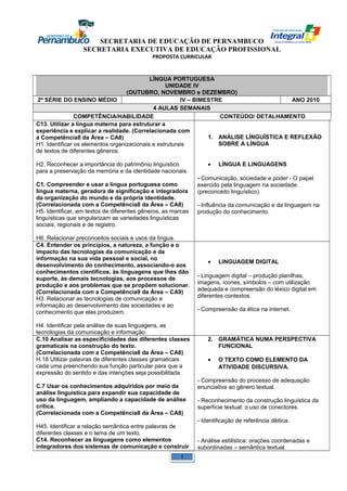 SECRETARIA DE EDUCAÇÃO DE PERNAMBUCO 
SECRETARIA EXECUTIVA DE EDUCAÇÃO PROFISSIONAL 
PROPOSTA CURRICULAR 
LÍNGUA PORTUGUESA 
UNIDADE IV 
(OUTUBRO, NOVEMBRO e DEZEMBRO) 
2ª SÉRIE DO ENSINO MÉDIO IV – BIMESTRE ANO 2010 
4 AULAS SEMANAIS 
COMPETÊNCIA/HABILIDADE CONTEÚDO/ DETALHAMENTO 
C13. Utilizar a língua materna para estruturar a 
experiência e explicar a realidade. (Correlacionada com 
a Competência8 da Área – CA8) 
H1. Identificar os elementos organizacionais e estruturais 
de textos de diferentes gêneros. 
H2. Reconhecer a importância do patrimônio linguístico 
para a preservação da memória e da identidade nacionais. 
C1. Compreender e usar a língua portuguesa como 
língua materna, geradora de significação e integradora 
da organização do mundo e da própria identidade. 
(Correlacionada com a Competência8 da Área – CA8) 
H5. Identificar, em textos de diferentes gêneros, as marcas 
linguísticas que singularizam as variedades linguísticas 
sociais, regionais e de registro. 
H6. Relacionar preconceitos sociais e usos da língua. 
1. ANÁLISE LÍNGUÍSTICA E REFLEXÃO 
SOBRE A LÍNGUA 
· LÍNGUA E LINGUAGENS 
- Comunicação, sociedade e poder - O papel 
exercido pela linguagem na sociedade. 
(preconceito linguístico). 
- Influência da comunicação e da linguagem na 
produção do conhecimento. 
C4. Entender os princípios, a natureza, a função e o 
impacto das tecnologias da comunicação e da 
informação na sua vida pessoal e social, no 
desenvolvimento do conhecimento, associando-o aos 
conhecimentos científicos, às linguagens que lhes dão 
suporte, às demais tecnologias, aos processos de 
produção e aos problemas que se propõem solucionar. 
(Correlacionada com a Competência9 da Área – CA9) 
H3. Relacionar as tecnologias de comunicação e 
informação ao desenvolvimento das sociedades e ao 
conhecimento que elas produzem. 
H4. Identificar pela análise de suas linguagens, as 
tecnologias da comunicação e informação. 
· LINGUAGEM DIGITAL 
- Linguagem digital – produção planilhas, 
imagens, ícones, símbolos – com utilização 
adequada e compreensão do léxico digital em 
diferentes contextos. 
- Compreensão da ética na internet. 
C.10 Analisar as especificidades das diferentes classes 
gramaticais na construção do texto. 
(Correlacionada com a Competência8 da Área – CA8) 
H.18 Utilizar palavras de diferentes classes gramaticais 
cada uma preenchendo sua função particular para que a 
expressão do sentido e das intenções seja possibilitada. 
C.7 Usar os conhecimentos adquiridos por meio da 
análise linguística para expandir sua capacidade de 
uso da linguagem, ampliando a capacidade de análise 
crítica. 
(Correlacionada com a Competência8 da Área – CA8) 
H45. Identificar a relação semântica entre palavras de 
diferentes classes e o tema de um texto. 
C14. Reconhecer as linguagens como elementos 
integradores dos sistemas de comunicação e construir 
2. GRAMÁTICA NUMA PERSPECTIVA 
FUNCIONAL 
· O TEXTO COMO ELEMENTO DA 
ATIVIDADE DISCURSIVA. 
- Compreensão do processo de adequação 
enunciativa ao gênero textual. 
- Reconhecimento da construção linguística da 
superfície textual: o uso de conectores. 
- Identificação de referência dêitica. 
- Análise estilística: orações coordenadas e 
subordinadas – semântica textual. 
1 
 