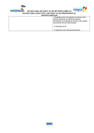 SECRETARIA DE EDUCAÇÃO DE PERNAMBUCO 
SECRETARIA EXECUTIVA DE EDUCAÇÃO PROFISSIONAL 
PROPOSTA CURRICULAR 
- Estabelecimento de relações temáticas entre 
gêneros literários de diferentes épocas, 
percebendo concepções de mundo e de sujeitos 
decorrentes de sua historicidade: 
- A Geração de 45 
- O regional e seu redimensionamento. 
1 
 