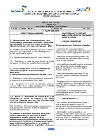 SECRETARIA DE EDUCAÇÃO DE PERNAMBUCO 
SECRETARIA EXECUTIVA DE EDUCAÇÃO PROFISSIONAL 
PROPOSTA CURRICULAR 
LÍNGUA PORTUGUESA 
UNIDADE IV 
(OUTUBRO, NOVEMBRO e DEZEMBRO) 
3ª SÉRIE DO ENSINO MÉDIO IV – BIMESTRE ANO 2010 
4 AULAS SEMANAIS 
COMPETÊNCIA/HABILIDADE CONTEÚDO/ DETALHAMENTO 
C1. Compreender e usar a língua portuguesa como 
língua materna, geradora de significação e integradora 
da organização do mundo e da própria identidade. 
(Correlacionada com a Competência8 da Área – CA8) 
H1. Identificar, em textos de diferentes gêneros, as marcas 
linguísticas que singularizam as variedades linguísticas 
sociais, regionais e de registro. 
H36. Relacionar preconceitos sociais e usos da língua. 
H9. Reconhecer os usos da norma padrão da língua 
portuguesa nas diferentes situações de comunicação. 
C3. Confrontar opiniões e pontos de vista sobre as 
diferentes linguagens e suas manifestações 
específicas. 
(Correlacionada com a Competência7 da Área – CA7) 
H3. Relacionar a presença de uma variedade linguística ao 
procedimento de argumentação de um texto. 
H13. Reconhecer em textos de diferentes gêneros, 
recursos verbais e não verbais utilizados com a finalidade 
de criar e mudar comportamentos e hábitos. 
1. ANÁLISE LÍNGUÍSTICA E REFLEXÃO 
SOBRE A LÍNGUA 
· LÍNGUA E LINGUAGENS 
(Redimensionamento de tópicos estudados) 
- Valorização das variedades dialetais, 
reconhecendo o contexto, o locutor/interlocutor, o 
propósito comunicativo e pluralidade discursiva. 
- Marcas dos vários níveis de linguagem, nas 
modalidades oral e escrita da língua (do mais 
formal ao mais informal). 
- Identificação das marcas linguísticas próprias da 
faixa etária do locutor, da variação regional, 
temporal, nas citações sequenciais digitais 
(fóruns, e-mails, etc.) 
- Efeitos de sentido provocados pelo uso da 
linguagem figurativa (metáforas, metonímias, 
entre outras). 
- Reconhecimento dos fatores responsáveis pela 
variação linguística, nos diversos componentes da 
língua: fonético, fonológico, morfológico, sintático 
e semântico. 
- Identificação da variedade linguística em 
diversos gêneros textuais (música, cordel, 
quadrinhos, etc.). 
C15. Aplicar as tecnologias da comunicação e da 
informação na escola, no trabalho e em outros 
contextos relevantes para sua vida. (Correlacionada 
com a Competência1 da Área - CA1) 
H25. Identificar as diferentes linguagens e seus recursos 
expressivos como elementos de caracterização dos 
sistemas de comunicação. 
C4. Entender os princípios, a natureza, a função e o 
impacto das tecnologias da comunicação e da 
informação na sua vida pessoal e social, no 
desenvolvimento do conhecimento, associando-o aos 
conhecimentos científicos, às linguagens que lhes dão 
suporte, às demais tecnologias, aos processos de 
produção e aos problemas que se propõem solucionar. 
· LINGUAGEM DIGITAL 
- Usos e função social dos gêneros digitais: o 
suporte textual em gêneros digitais e a 
caracterização dos interlocutores na comunicação 
tecnológica – ambientes e recursos tecnológicos - 
- Identificação e contextualização da nova 
simbologia e vocabulário, reconhecendo o gênero 
como meio de interação e de envolvimento com o 
imaginário do autor. Os emoticons, nickname, 
sites, textos em Power Point, hipertexto, etc. 
1 
 