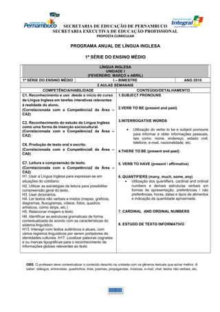 SECRETARIA DE EDUCAÇÃO DE PERNAMBUCO 
SECRETARIA EXECUTIVA DE EDUCAÇÃO PROFISSIONAL 
PROPOSTA CURRICULAR 
PROGRAMA ANUAL DE LÍNGUA INGLESA 
1ª SÉRIE DO ENSINO MÉDIO 
LÍNGUA INGLESA 
UNIDADE I 
(FEVEREIRO, MARÇO e ABRIL) 
1ª SÉRIE DO ENSINO MÉDIO I – BIMESTRE ANO 2010 
2 AULAS SEMANAIS 
COMPETÊNCIA/HABILIDADE CONTEÚDO/DETALHAMENTO 
C1. Reconhecimento e uso desde o início do curso 
da Língua Inglesa em tarefas interativas relevantes 
à realidade do aluno. 
(Correlacionada com a Competência2 da Área – 
CA2) 
C2. Reconhecimento do estudo da Língua Inglesa 
como uma forma de inserção sociocultural. 
(Correlacionada com a Competência2 da Área – 
CA2) 
C6. Produção de texto oral e escrito. 
(Correlacionada com a Competência6 da Área – 
CA6) 
C7. Leitura e compreensão de texto. 
(Correlacionada com a Competência2 da Área – 
CA2) 
H1. Usar a Língua Inglesa para expressar-se em 
situações do cotidiano. 
H2. Utilizar as estratégias de leitura para possibilitar 
compreensão geral do texto. 
H3. Usar dicionários. 
H4. Ler textos não verbais e mistos (mapas, gráficos, 
diagramas, fluxogramas, vídeos, fotos, quadros 
artísticos, comic strips, etc.) 
H5. Relacionar imagem e texto. 
H6. Identificar as estruturas gramaticais de forma 
contextualizada de acordo com as características do 
sistema linguístico. 
H13. Interagir com textos autênticos e atuais, com 
vários registros linguísticos por serem portadores de 
identidades culturais. H17. Localizar palavras cognatas 
e ou marcas tipográficas para o reconhecimento de 
informações globais relevantes ao texto 
1.SUBJECT PRONOUNS 
2.VERB TO BE (present and past) 
3.INTERROGATIVE WORDS 
· Utilização do verbo to be e subject pronouns 
para informar e obter informações pessoais, 
tais como: nome, endereço, estado civil, 
telefone, e-mail, nacionalidade, etc. 
4.THERE TO BE (present and past) 
5. VERB TO HAVE (present / affirmative) 
6. QUANTIFIERS (many, much, some, any) 
· Utilização dos quantifiers, cardinal and ordinal 
numbers e demais estruturas verbais em 
formas de apresentação, preferências / não 
preferências, horas, datas e tipos de alimentos 
e indicação de quantidade aproximada. 
7. CARDINAL AND ORDINAL NUMBERS 
8. ESTUDO DE TEXTO INFORMATIVO 
OBS. O professor deve contextualizar o conteúdo descrito na unidade com os gêneros textuais que achar melhor. A 
saber: diálogos, entrevistas, quadrinhos, tiras, poemas, propagandas, músicas, e-mail, chat, textos não verbais, etc. 
1 
 