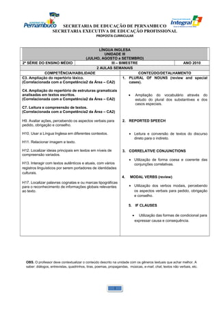 SECRETARIA DE EDUCAÇÃO DE PERNAMBUCO 
SECRETARIA EXECUTIVA DE EDUCAÇÃO PROFISSIONAL 
PROPOSTA CURRICULAR 
LÍNGUA INGLESA 
UNIDADE III 
(JULHO, AGOSTO e SETEMBRO) 
2ª SÉRIE DO ENSINO MÉDIO III – BIMESTRE ANO 2010 
2 AULAS SEMANAIS 
COMPETÊNCIA/HABILIDADE CONTEÚDO/DETALHAMENTO 
C3. Ampliação do repertório léxico. 
(Correlacionada com a Competência2 da Área – CA2) 
C4. Ampliação do repertório de estruturas gramaticais 
analisadas em textos escritos. 
(Correlacionada com a Competência2 da Área – CA2) 
C7. Leitura e compreensão de textos. 
(Correlacionada com a Competência2 da Área – CA2) 
H9. Avaliar ações, percebendo os aspectos verbais para 
pedido, obrigação e conselho. 
H10. Usar a Língua Inglesa em diferentes contextos. 
H11. Relacionar imagem e texto. 
H12. Localizar ideias principais em textos em níveis de 
compreensão variados. 
H13. Interagir com textos autênticos e atuais, com vários 
registros linguísticos por serem portadores de identidades 
culturais. 
H17. Localizar palavras cognatas e ou marcas tipográficas 
para o reconhecimento de informações globais relevantes 
ao texto. 
1. PLURAL OF NOUNS (review and special 
cases). 
· Ampliação do vocabulário através do 
estudo do plural dos substantives e dos 
casos especiais. 
2. REPORTED SPEECH 
· Leitura e conversão de textos do discurso 
direto para o indireto. 
3. CORRELATIVE CONJUNCTIONS 
· Utilização de forma coesa e coerente das 
conjunções correlativas. 
4. MODAL VERBS (review) 
· Utilização dos verbos modais, percebendo 
os aspectos verbais para pedido, obrigação 
e conselho. 
5. IF CLAUSES 
· Utilização das formas de condicional para 
expressar causa e consequência. 
OBS. O professor deve contextualizar o conteúdo descrito na unidade com os gêneros textuais que achar melhor. A 
saber: diálogos, entrevistas, quadrinhos, tiras, poemas, propagandas, músicas, e-mail, chat, textos não verbais, etc. 
1 
 