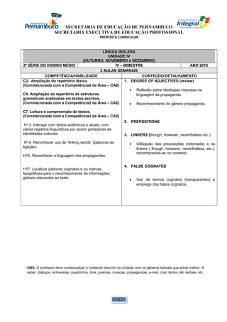 SECRETARIA DE EDUCAÇÃO DE PERNAMBUCO 
SECRETARIA EXECUTIVA DE EDUCAÇÃO PROFISSIONAL 
PROPOSTA CURRICULAR 
LÍNGUA INGLESA 
UNIDADE IV 
(OUTUBRO, NOVEMBRO e DEZEMBRO) 
2ª SÉRIE DO ENSINO MÉDIO IV – BIMESTRE ANO 2010 
2 AULAS SEMANAIS 
COMPETÊNCIA/HABILIDADE CONTEÚDO/DETALHAMENTO 
C3. Ampliação do repertório léxico. 
(Correlacionada com a Competência2 da Área – CA2) 
C4. Ampliação do repertório de estruturas 
gramaticais analisadas em textos escritos. 
(Correlacionada com a Competência2 da Área – CA2) 
C7. Leitura e compreensão de textos. 
(Correlacionada com a Competência2 da Área – CA2) 
H13. Interagir com textos autênticos e atuais, com 
vários registros linguísticos por serem portadores de 
identidades culturais. 
H14. Reconhecer uso de “linking words” (palavras de 
ligação). 
H15. Reconhecer a linguagem das propagandas. 
H17. Localizar palavras cognatas e ou marcas 
tipográficas para o reconhecimento de informações 
globais relevantes ao texto. 
1. DEGREE OF ADJECTIVES (review) 
· Reflexão sobre ideologias impostas na 
linguagem da propaganda. 
· Reconhecimento do gênero propaganda. 
2. PREPOSITIONS 
3. LINKERS (though, however, nevertheless etc.) 
· Utilização das preposições (retomada) e os 
linkers ( though, however, nevertheless, etc.), 
reconhecendo-as no contexto. 
4. FALSE COGNATES 
· Uso de termos cognatos (transparentes) e 
emprego dos falsos cognatos. 
OBS. O professor deve contextualizar o conteúdo descrito na unidade com os gêneros textuais que achar melhor. A 
saber: diálogos, entrevistas, quadrinhos, tiras, poemas, músicas, propagandas, e-mail, chat, textos não verbais, etc. 
1 
 