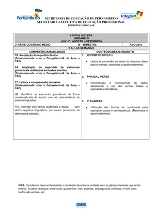SECRETARIA DE EDUCAÇÃO DE PERNAMBUCO 
SECRETARIA EXECUTIVA DE EDUCAÇÃO PROFISSIONAL 
PROPOSTA CURRICULAR 
LÍNGUA INGLESA 
UNIDADE III 
(JULHO, AGOSTO e SETEMBRO) 
3ª SÉRIE DO ENSINO MÉDIO III – BIMESTRE ANO 2010 
2 AULAS SEMANAIS 
COMPETÊNCIA/HABILIDADE CONTEÚDO/DETALHAMENTO 
C3. Ampliação do repertório léxico. 
(Correlacionada com a Competência2 da Área – 
CA2) 
C4. Ampliação do repertório de estruturas 
gramaticais analisadas em textos escritos. 
(Correlacionada com a Competência2 da Área – 
CA2) 
C7. Leitura e compreensão de textos. 
(Correlacionada com a Competência2 da Área – 
CA2) 
H6. Identificar as estruturas gramaticais de forma 
contextualizada de acordo com as características do 
sistema linguístico. 
H13. Interagir com textos autênticos e atuais, com 
vários registros linguísticos por serem portadores de 
identidades culturais. 
1. REPORTED SPEECH 
· Leitura e conversão de textos do discurso direto 
para o indireto. (retomada e aprofundamento). 
2. PHRASAL VERBS 
· Interpretação e compreensão de textos 
destacando o uso dos verbos frasais e 
expressões idiomáticas. 
3. IF CLAUSES 
· Utilização das formas de condicional para 
expressar causa e consequência. (Retomada e 
aprofundamento) 
OBS. O professor deve contextualizar o conteúdo descrito na unidade com os gêneros textuais que achar 
melhor. A saber: diálogos, entrevistas, quadrinhos, tiras, poemas, propagandas, músicas, e-mail, chat, 
textos não verbais, etc. 
1 
 