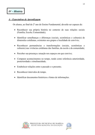 PREFEITURA MUNICIPAL DE MARÍLIA
SECRETARIA MUNICIPAL DA EDUCAÇÃO
15
IV – História
A – Expectativas de Aprendizagem
Os alunos, ao final do 2º ano do Ensino Fundamental, deverão ser capazes de:
 Reconhecer sua própria história no contexto de suas relações sociais
(Família; Escola; Comunidade);
 Identificar semelhanças e diferenças (sociais, econômicas e culturais) de
dimensões cotidianas, existentes nos grupos e localidade de convívio;
 Reconhecer permanências e transformações (sociais, econômicas e
culturais) nas vivências cotidianas das famílias, da escola e da comunidade;
 Perceber sua presença e atuação nos espaços em que convive;
 Comparar acontecimentos no tempo, tendo como referência anterioridade,
posterioridade e simultaneidade;
 Estabelecer relações entre o passado e o presente;
 Reconhecer intervalos de tempo.
 Identificar documentos históricos e fontes de informações.
 