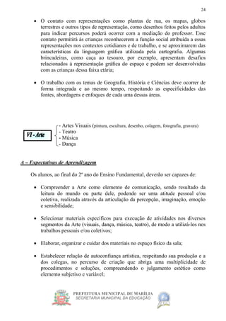 PREFEITURA MUNICIPAL DE MARÍLIA
SECRETARIA MUNICIPAL DA EDUCAÇÃO
24
 O contato com representações como plantas de rua, os mapas, globos
terrestres e outros tipos de representação, como desenhos feitos pelos adultos
para indicar percursos poderá ocorrer com a mediação do professor. Esse
contato permitirá às crianças reconhecerem a função social atribuída a essas
representações nos contextos cotidianos e de trabalho, e se aproximarem das
características da linguagem gráfica utilizada pela cartografia. Algumas
brincadeiras, como caça ao tesouro, por exemplo, apresentam desafios
relacionados à representação gráfica do espaço e podem ser desenvolvidas
com as crianças dessa faixa etária;
 O trabalho com os temas de Geografia, História e Ciências deve ocorrer de
forma integrada e ao mesmo tempo, respeitando as especificidades das
fontes, abordagens e enfoques de cada uma dessas áreas.
- Artes Visuais (pintura, escultura, desenho, colagem, fotografia, gravura)
- Teatro
- Música
- Dança
A – Expectativas de Aprendizagem
Os alunos, ao final do 2º ano do Ensino Fundamental, deverão ser capazes de:
 Compreender a Arte como elemento de comunicação, sendo resultado da
leitura do mundo ou parte dele, podendo ser uma atitude pessoal e/ou
coletiva, realizada através da articulação da percepção, imaginação, emoção
e sensibilidade;
 Selecionar materiais específicos para execução de atividades nos diversos
segmentos da Arte (visuais, dança, música, teatro), de modo a utilizá-los nos
trabalhos pessoais e/ou coletivos;
 Elaborar, organizar e cuidar dos materiais no espaço físico da sala;
 Estabelecer relação de autoconfiança artística, respeitando sua produção e a
dos colegas, no percurso de criação que abriga uma multiplicidade de
procedimentos e soluções, compreendendo o julgamento estético como
elemento subjetivo e variável;
 