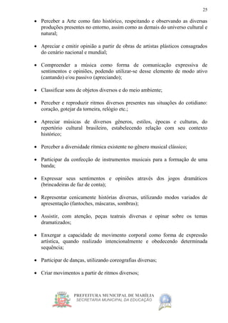 PREFEITURA MUNICIPAL DE MARÍLIA
SECRETARIA MUNICIPAL DA EDUCAÇÃO
25
 Perceber a Arte como fato histórico, respeitando e observando as diversas
produções presentes no entorno, assim como as demais do universo cultural e
natural;
 Apreciar e emitir opinião a partir de obras de artistas plásticos consagrados
do cenário nacional e mundial;
 Compreender a música como forma de comunicação expressiva de
sentimentos e opiniões, podendo utilizar-se desse elemento de modo ativo
(cantando) e/ou passivo (apreciando);
 Classificar sons de objetos diversos e do meio ambiente;
 Perceber e reproduzir ritmos diversos presentes nas situações do cotidiano:
coração, gotejar da torneira, relógio etc.;
 Apreciar músicas de diversos gêneros, estilos, épocas e culturas, do
repertório cultural brasileiro, estabelecendo relação com seu contexto
histórico;
 Perceber a diversidade rítmica existente no gênero musical clássico;
 Participar da confecção de instrumentos musicais para a formação de uma
banda;
 Expressar seus sentimentos e opiniões através dos jogos dramáticos
(brincadeiras de faz de conta);
 Representar cenicamente histórias diversas, utilizando modos variados de
apresentação (fantoches, máscaras, sombras);
 Assistir, com atenção, peças teatrais diversas e opinar sobre os temas
dramatizados;
 Enxergar a capacidade de movimento corporal como forma de expressão
artística, quando realizado intencionalmente e obedecendo determinada
sequência;
 Participar de danças, utilizando coreografias diversas;
 Criar movimentos a partir de ritmos diversos;
 