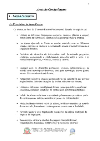 PREFEITURA MUNICIPAL DE MARÍLIA
SECRETARIA MUNICIPAL DA EDUCAÇÃO
3
Áreas do Conhecimento
I – Língua Portuguesa
A – Expectativas de Aprendizagem
Os alunos, ao final do 2º ano do Ensino Fundamental, deverão ser capazes de:
 Utilizar as diferentes linguagens (corporal, musical, plástica e cênica)
como forma de expressão e valorização da cultura popular e erudita;
 Ler textos ajustando o falado ao escrito, estabelecendo as diferentes
relações inerentes a tipologia e explicitando a idéia principal bem como a
seqüência de fatos;
 Participar de situações de intercambio oral, formulando perguntas,
relatando, comentando e estabelecendo conexões entre o texto e os
conhecimentos prévios, vivencias, crenças e valores;
 Interagir com os diferentes portadores textuais, selecionando-os de
acordo com a tipologia de interesse, tanto para a produção escrita quanto
para as diversas situações de leitura;
 Relacionar o gênero à situação comunicativa e ao suporte em que circular
originalmente, tanto em situações de escrita, reescrita e de leitura;
 Utilizar as diferentes estratégias de leitura (antecipar, inferir, confirmar,
selecionar, sumariar, sintetizar) no contato com as tipologias textuais;
 Inferir, localizar e relacionar o sentido de palavras ou expressões a partir
do contexto ou de outros elementos presentes no próprio texto;
 Produzir alfabeticamente textos de autoria, escrita de memória ou a partir
de um modelo, levando em conta o gênero, o contexto e a finalidade;
 Revisar e editar o texto focalizando os aspectos de análise e reflexão da
língua e da linguagem;
 Reconhecer e utilizar o nível da linguagem (formal/informal)
relacionando a finalidade, o interlocutor e o contexto inserido;
 