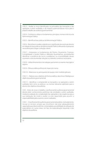 3102.3 – Avaliar os riscos identificados na pré-análise das transações e das
operações a serem auditadas, e do impacto potencial desses riscos para o
próprio trabalho de auditoria governamental.

3102.4 – Conhecer e utilizar os fundamentos, princípios, normas e técnicas da
Administração Pública.

3102.5 – Identificar boas práticas da Administração Pública.

3102.6 – Reconhecer e avaliar a relevância e o significação dos eventuais desvios
em relação às boas práticas da Administração Pública, efetuando as pesquisas
necessárias para chegar a soluções viáveis.

3102.7 – Interpretar os fundamentos de Direito, Orçamento, Finanças,
Contabilidade e Gestão Pública e Métodos Quantitativos, possibilitando
identificar a existência de riscos e problemas, ou a possibilidade desses
ocorrerem; e de recomendar soluções ou métodos corretivos necessários.

3102.8 – Utilizar ferramentas e tecnologias que tornem os exames mais ágeis e
seguros.

3102.9 – Efetuar análise profissional, imparcial e isenta.

3102.10 – Relacionar-se, participando de equipes inter-multidisciplinares.

3102.11 – Elaborar seus relatórios de forma analítica, descritiva e fidedigna ao
objeto da auditoria governamental.

3102.12 – Identificar e compreender as transações e as operações a serem
auditadas bem como as práticas e as normas relevantes aplicáveis para o
alcance dos objetivos da auditoria.

3103 – Antes de iniciar o trabalho, o profissional de auditoria governamental
deverá obter conhecimento preliminar das atividades a serem auditadas,
mediante avaliação da complexidade das operações e das exigências para a
sua realização, de modo a avaliar se está capacitado para assumir a
responsabilidade pelos exames a serem realizados.

3103.1 – O profissional de auditoria governamental poderá, motivadamente,
recusar os serviços sempre que reconhecer não estar adequadamente
capacitado para desenvolvê-los, contemplada a possibilidade da utilização de
especialistas em outras áreas, em face da especialização requerida e dos
objetivos da auditoria.




32
 