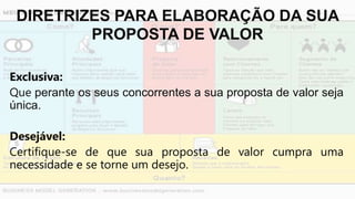 DIRETRIZES PARA ELABORAÇÃO DA SUA
PROPOSTA DE VALOR
Exclusiva:
Que perante os seus concorrentes a sua proposta de valor seja
única.
Desejável:
Certifique-se de que sua proposta de valor cumpra uma
necessidade e se torne um desejo.
 