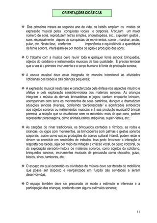 11
Dos primeiros meses ao segundo ano de vida, os bebês ampliam os modos de
expressão musical pelas conquistas vocais e corporais. Articulam um maior
número de sons, reproduzem letras simples, onomatopéias, etc., exploram gestos ,
sons, especialmente depois de conquistas de movimentos, como , marchar, andar,
pular, etc. Nesta fase, conferem importância e equivalência a quantidade
de fonte sonora, interessam-se por modos de ação e produção dos sons;
O trabalho com a música deve reunir toda e qualquer fonte sonora: brinquedos,
objetos do cotidiano e instrumentos musicais de boa qualidade. É preciso lembrar
que a voz é o primeiro instrumento e o corpo humano é fonte de produção sonora;
A escuta musical deve estar integrada de maneira intencional às atividades
cotidianas dos bebês e das crianças pequenas;
A expressão musical nesta fase é caracterizada pela ênfase nos aspectos intuitivo e
afetivo e pela exploração sensório-motora dos materiais sonoros. As crianças
integram a música às demais brincadeiras e jogos: cantam enquanto brincam,
acompanham com sons os movimentos de seus carrinhos, dançam e dramatizam
situações sonoras diversas, conferindo “personalidade” e significados simbólicos
aos objetos sonoros ou instrumentos musicais e à sua produção musical.O brincar
permeia a relação que se estabelece com os materiais: mais do que sons, podem
representar personagens, como animais,carros, máquinas, super-heróis, etc.;
As canções de ninar tradicionais, os brinquedos cantados e rítmicos, as rodas e
cirandas, os jogos com movimentos, as brincadeiras com palmas e gestos sonoros
corporais, assim como outras produções do acervo cultural infantil, podem estar e
devem se constituir em conteúdos de trabalho. Isso pode favorecer a interação e
resposta dos bebês, seja por meio da imitação e criação vocal, do gesto corporal, ou
da exploração sensório-motora de materiais sonoros, como objetos do cotidiano,
brinquedos sonoros, instrumentos musicais de percussão como chocalho, guizo,
blocos, sinos, tambores, etc.;
O espaço no qual ocorrerão as atividades de música deve ser dotado de mobiliário
que possa ser disposto e reorganizado em função das atividades a serem
desenvolvidas;
O espaço também deve ser preparado de modo a estimular o interesse e a
participação das crianças, contando com alguns estímulos sonoros;
ORIENTAÇÕES DIDÁTICAS
 