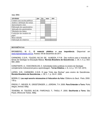 10




Ano: 2016

Atividade                       jan   fev   mar   abr
Contato com escolas públicas
Análise e definição dos temas
Apresentações orais
Elaboração dos questionários
Aplicação dos questionários
Tabulação dos dados
Confecção dos modelos de
papel
Mesa redonda
Elaboração de relatórios



REFERÊNCIAS

BROMBERG, M. C., O material didático e sua                     importância.    Disponível     em
www.hiperatividade.com.br. Acesso: 09 de Dezembro de 2011.

CARNEIRO, C.D.R.; TOLEDO, M.C.M. DE; ALMEIDA, F.F.M. Dez motivos para a inclusão de
temas de Geologia na Educação Básica. Revista Brasileira de Geociências, v. 34, n. 4, p. 553-
560. 2004.

CONSTANTE, A.; VASCONCELOS, C. Actividades lúdico-práticas no ensino da Geologia:
complemento motivacional para a aprendizagem. Terrae Didatica, v. 6, n.2, p. 101-123. 2010.

LOPES, O.R.; CARNEIRO, C.D.R. O jogo “Ciclo das Rochas” para ensino de Geociências.
Revista Brasileira de Geociências, v. 39, n. 1, p. 30-41. 2009.

MORIN, E. Les sept savoris nécessaires à l’éducation du futur. Éditions du Seuil, Paris. 2000.
130 p.

PRESS, F.; SIEVER, R.; GROETZINGER, J.; JORDAN, T.H. 2006. Para Entender a Terra. Porto
Alegre, Artmed. 656p.

TEIXEIRA, W. TOLEDO, M.C.M.; FAIRCHILD, T.; TAIOLI, F. 2000. Decifrando a Terra. São
Paulo, Oficina de Textos. 568p.
 