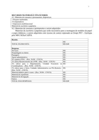 7




RECURSOS MATERIAIS E FINANCEIROS
4.1. Materiais de consumo e permanentes, disponíveis
1 Projetor multimídia
3 Computadores
1 Impressora multifuncional
Material de escritório e papelaria
4.2. Materiais de consumo e permanentes a serem adquiridos
     Materiais de escritório e papelaria que serão necessários para a montagem de modelos de papel
e jogos didáticos, a serem adquiridos com recurso de custeio repassado ao Grupo PET - Geologia
pelo MEC/SESu/CAPES.

Receita
                                                                   R$
TOTAL DA RECEITA:                                                  R$ 0,00

Despesas
Serviços:                                                          R$
Hospedagem ou diária:                                              R$
Passagem:                                                          R$
Apoio administrativo                                               R$
4% (quatro) FDA – (Res. 36/04 – COUN)                              R$
2% (dois) Ressarcimento da UFPR - (Res. 36/04 – COUN)              R$
2% (dois) para o Departamento, Unidade Executora ou                R$
Coordenadoria - (Res. 36/04 – COUN)
2% (dois) para o Setor, Unidade Administrativa ou Pró-Reitoria -   R$
(Res. 36/04 – COUN)
Material didático para o curso - (Res. 36/04 – COUN)               R$
Material de expediente                                             R$
Material de divulgação                                             R$
Outros                                                             R$
TOTAL DAS DESPESAS:                                                R$ 0,00
 