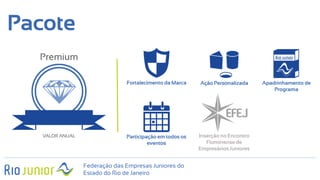 Pacote
Premium
VALOR ANUAL
Fortalecimento da Marca Ação Personalizada Apadrinhamento de
Programa
Participação em todos os
eventos
Inserção no Encontro
Fluminense de
Empresários Juniores
Federação das Empresas Juniores do
Estado do Rio de Janeiro
 