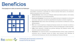 Federação das Empresas Juniores do
Estado do Rio de Janeiro
Benefícios
Participação em todos os eventos da Federação
A RioJunior promove eventos para integrar, alinhar e capacitar as empresas juniores fluminenses, e nesses, traz
oportunidades e treinamentos. O mantenedor tem o direito de participar destes eventos, com treinamentos,
palestras, exposição de marca e direito a palavra.
 Conexão RioJunior: Evento interno da Federação voltado para diversos públicos, como trainees,
líderes e EJs nascentes. Cerca de 200 participantes.
 Encontro de Articuladores: O encontro tem como objetivo promover a integração de conhecimento
entre as Ejs, criando assim uma rede de compartilhamento de práticas, conteúdo e experiências.
 Prêmio RioJunior: Maior evento interno da Federação, que visa premiar as melhores EJs. Cerca de
200 participantes.
 PAC: Com o intuito de aprimorar a relação das Empresas Juniores com o mercado e os clientes, o
programa traz atividades e práticas para melhorar a eficiência de Negociação e Gestão de projetos.
 Lidera: Evento destinado a formação das próximas lideranças das Empresas Juniores, onde
instruímos os próximos Diretores das EJs
 Treinamentos: Com o Intuito de manter o ciclo de desenvolvimento contínuo, surgiu o programa de
treinamento para as Empresas Juniores do Estado, onde buscamos sanar demandas de
conhecimento da Empresas por meio de cursos realizados por Empresa de Mercado.
 