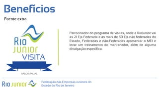Benefícios
Patrocinador do programa de visitas, onde a RioJunior vai
as 21 Ejs Federada e as mais de 50 Ejs não federadas do
Estado, Federadas e não-Federadas apresentar o MEJ e
levar um treinamento do mantenedor, além de alguma
divulgação específica.
VALOR ANUAL
Pacote extra.
Federação das Empresas Juniores do
Estado do Rio de Janeiro
 